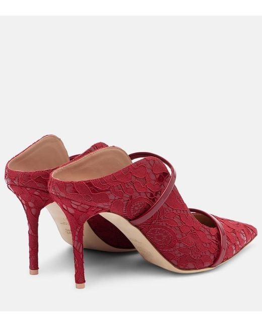 Malone Souliers Red Maureen 85 Leather-Trimmed Lace Mules