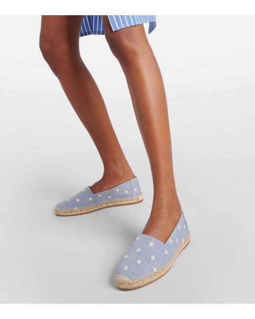 Manolo Blahnik Blue Susille Embroidered Chambray Espadrilles