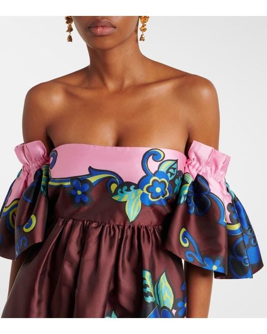ALÉMAIS Multicolor Floral Off-Shoulder Satin Maxi Dress