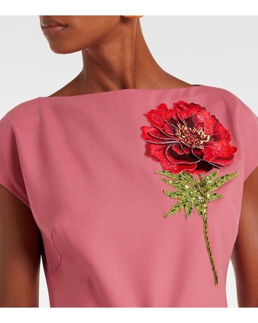 Oscar de la Renta Pink Floral-Applique Midi Dress