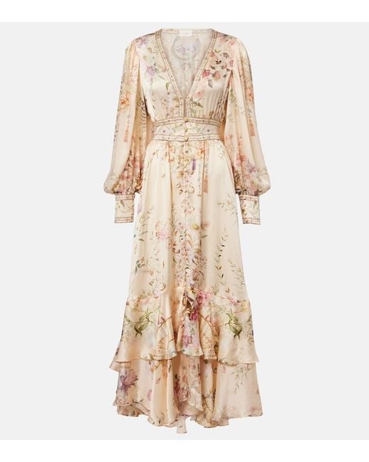 Camilla Natural Embellished Printed Silk Maxi Dress
