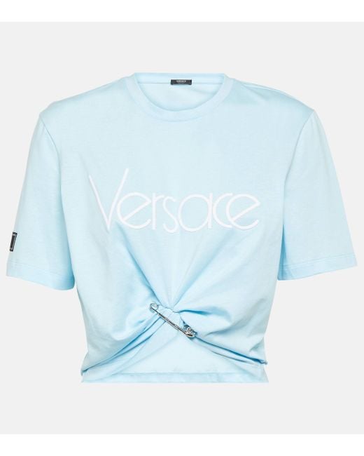 Versace Blue 1978 Re-edition Logo Cotton Crop Top