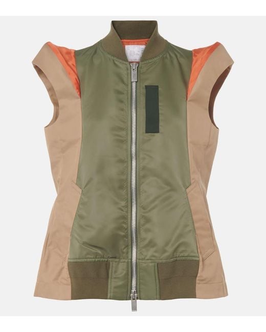 Sacai Green Paneled Twill And Gabardine Vest