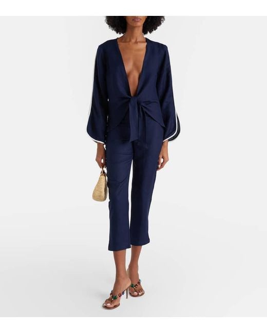 Adriana Degreas Blue Bicolor Linen-Blend Top