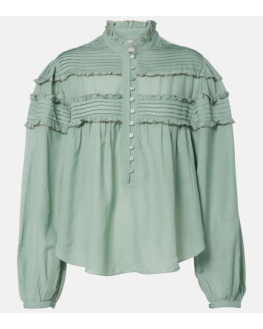 Isabel Marant Green Doana Cotton-Blend Ruffled Blouse