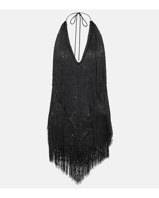 ROTATE BIRGER CHRISTENSEN Black Sequin-embellished Fringed Minidress