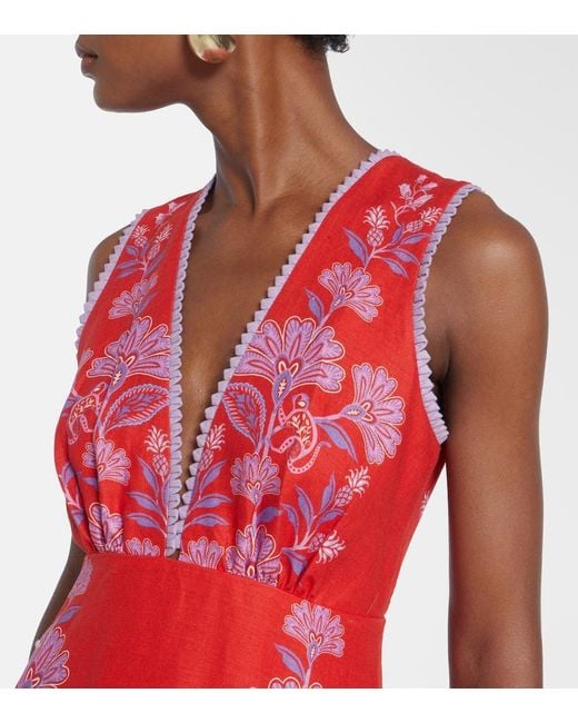 Vestido Midi Porcelain Garden De Lino Floral Farm Rio de color Red