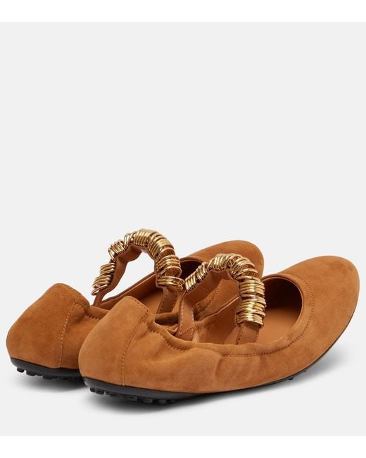 Tod's Brown Dee Embellished Suede Mary Jane Flats