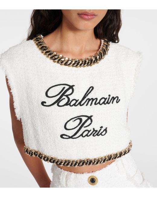Balmain Natural Logo Chain-detail Tweed Crop Top