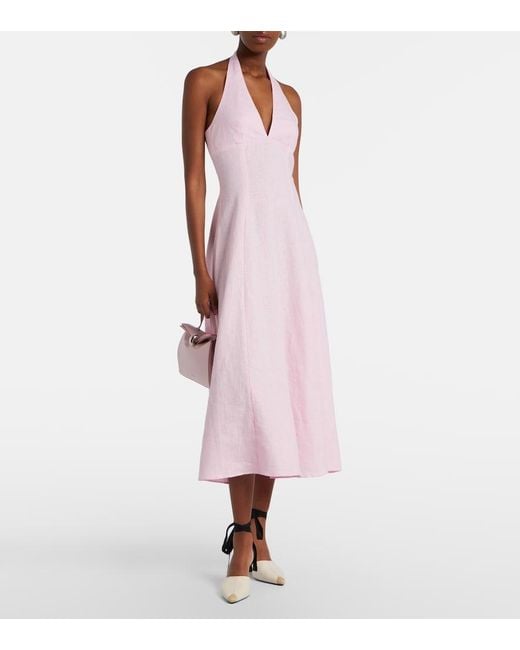 Faithfull The Brand Pink Marais Halterneck Linen Midi Dress