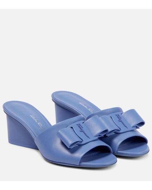 Ferragamo Blue Valery 55 Leather Wedge Sandals