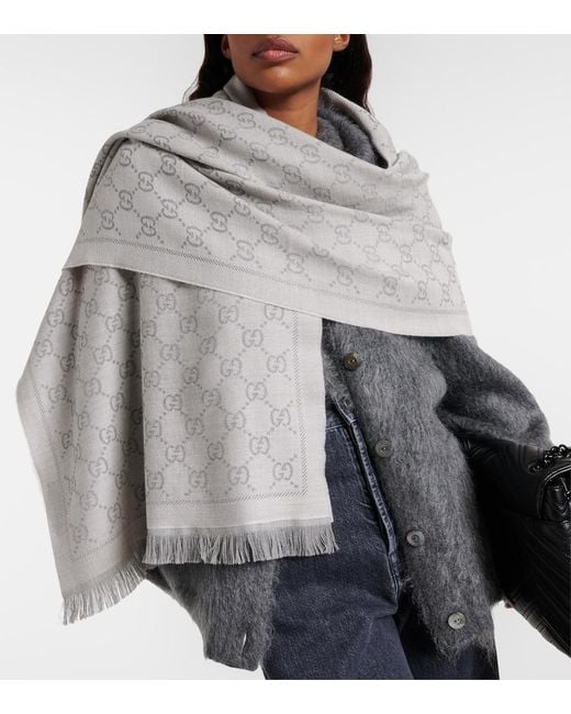 Gucci Gray Gg Wool Jacquard Scarf