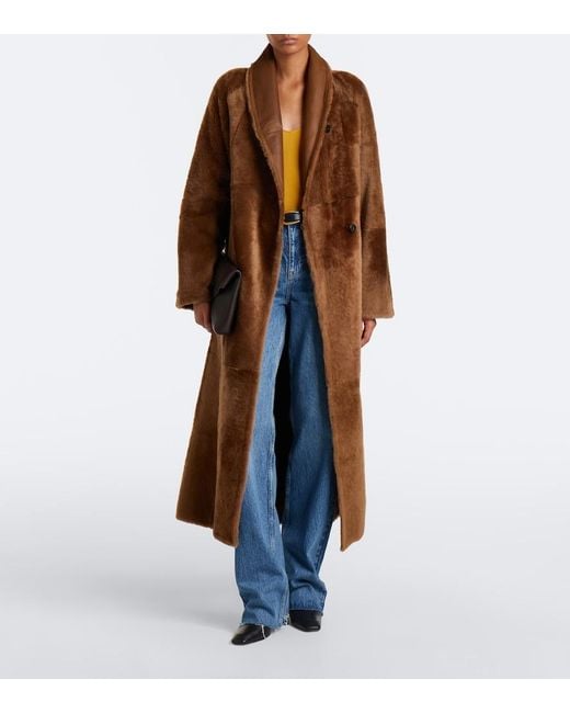 Yves Salomon Brown Reversible Shearling And Leather Wrap Coat