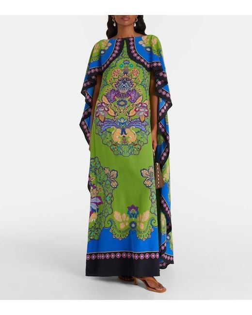 LaDoubleJ Blue Magic Printed Caped Silk Maxi Dress