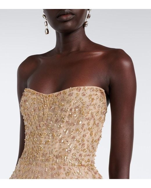 Monique Lhuillier Natural Embellished Peplum Bustier Gown