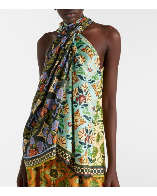 ALÉMAIS Green Cece Floral Silk Halterneck Top