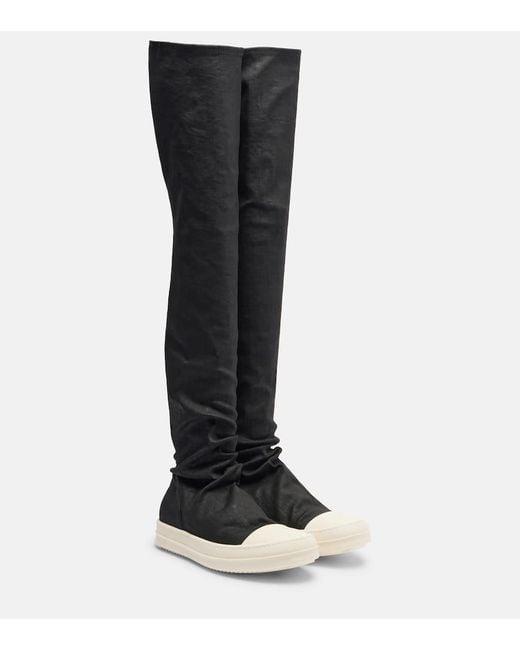 Rick Owens Black Coated Denim Over-The-Knee Boots