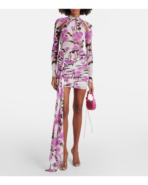 David Koma Pink Floral Ruched Minidress