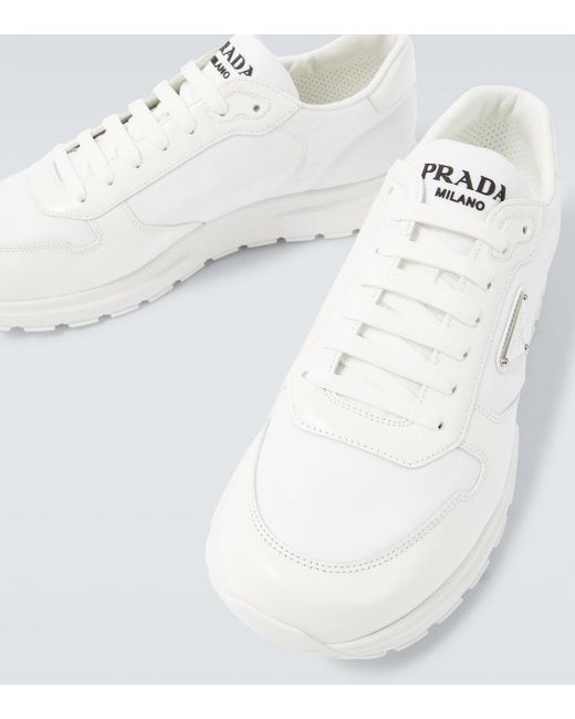 Prada White Logo Leather-Trimmed Sneakers for men