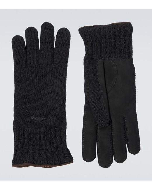 Zegna Black Leather-Trimmed Cashmere Gloves for men