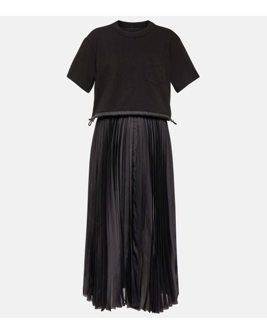 Sacai Black Pleated Jersey And Satin Midi Dress