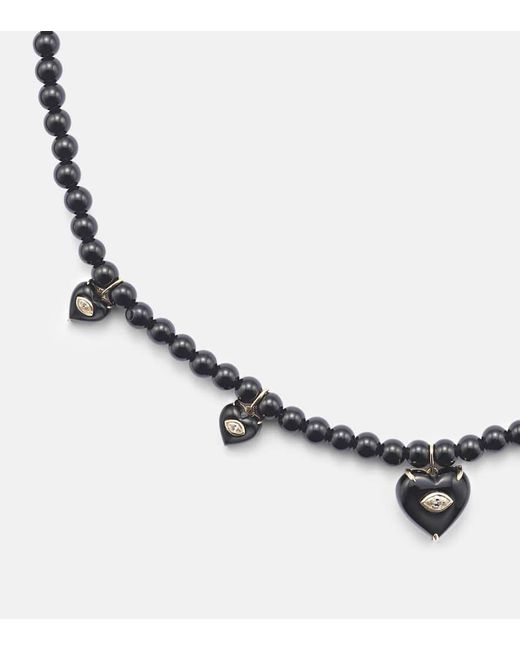 Sydney Evan Metallic Carved Heart 14Kt Beaded Necklace With Diamonds And Onyx