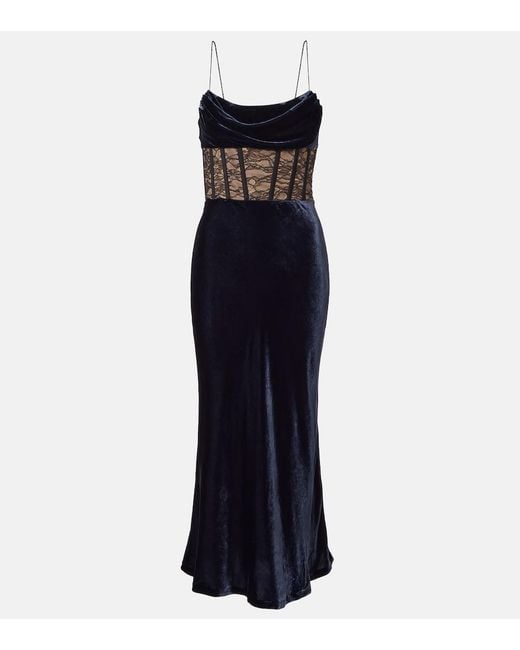 Rebecca Vallance Blue Minerva Lace-Trimmed Velvet Bustier Gown
