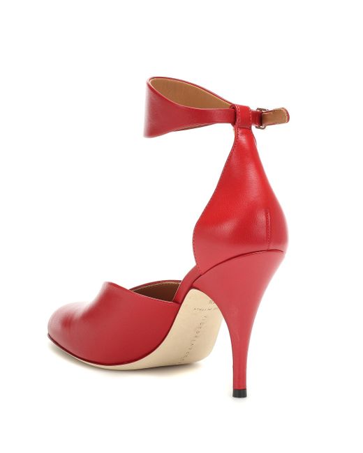 red leather pumps mid heel