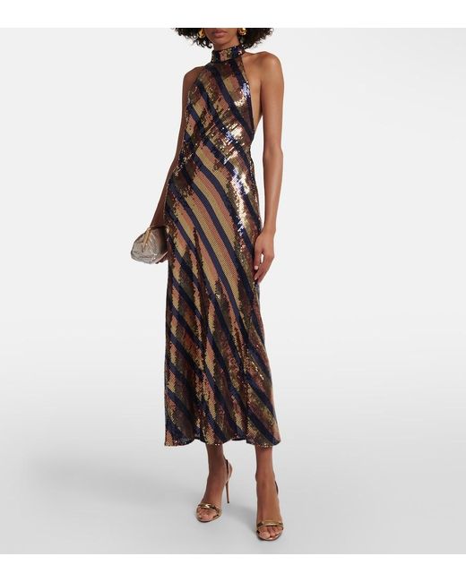 Rixo Multicolor Sequined Halterneck Open-Back Gown