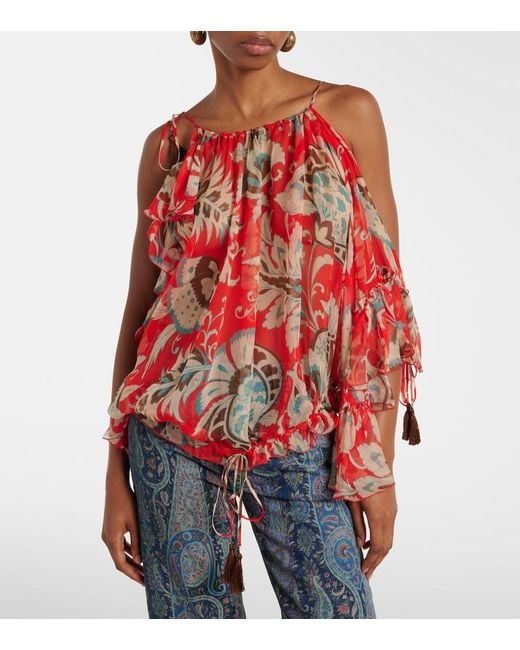Etro Red Printed Ruffled Silk Top