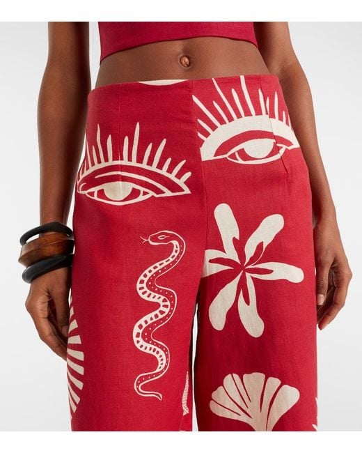 Cala De La Cruz Red Toya Printed Linen Wide-Leg Pants