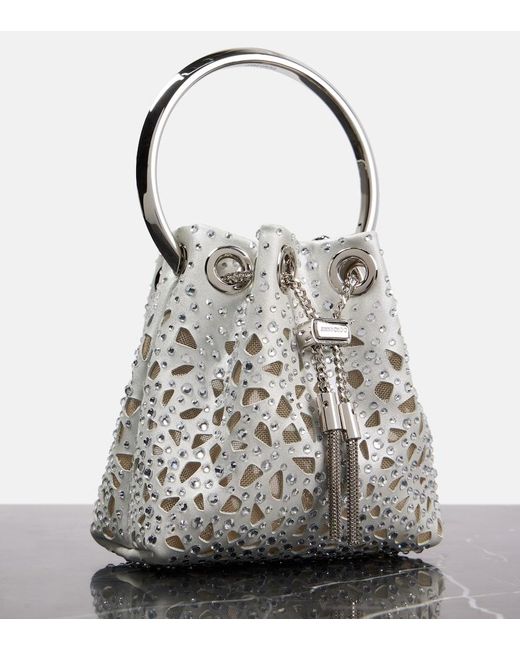 Jimmy Choo White Bon Bon Micro Laser-Cut Satin Bucket Bag