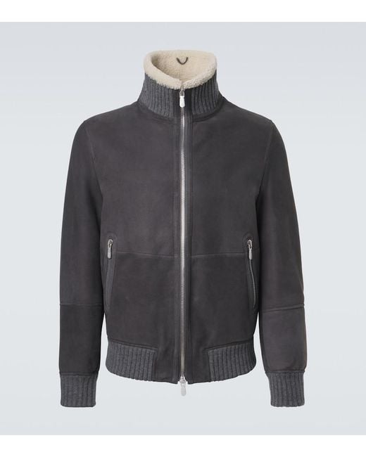 Brunello Cucinelli Gray Cashmere-Trimmed Shearling Blouson Jacket for men