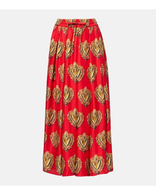 Dolce & Gabbana Red Printed Silk Satin Maxi Skirt