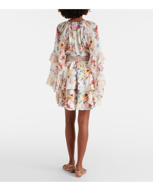 Camilla White Embellished Floral Ruffled Silk Minidress