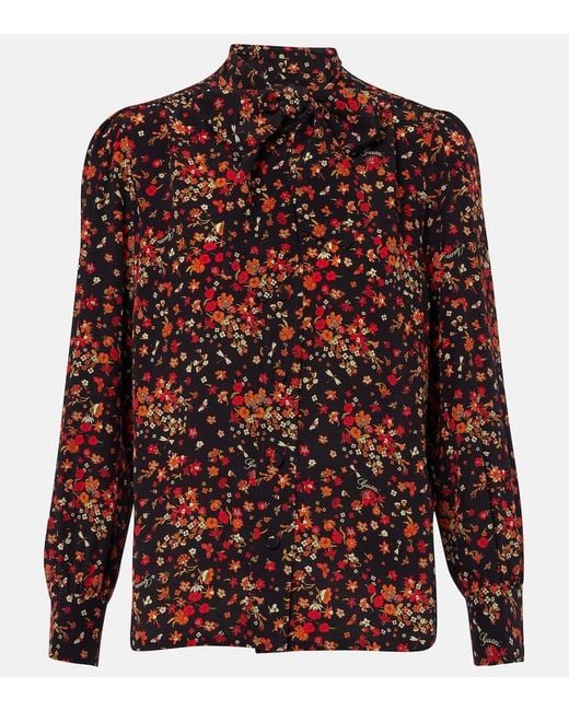 Gucci Red Bow-Detail Floral Silk Blouse