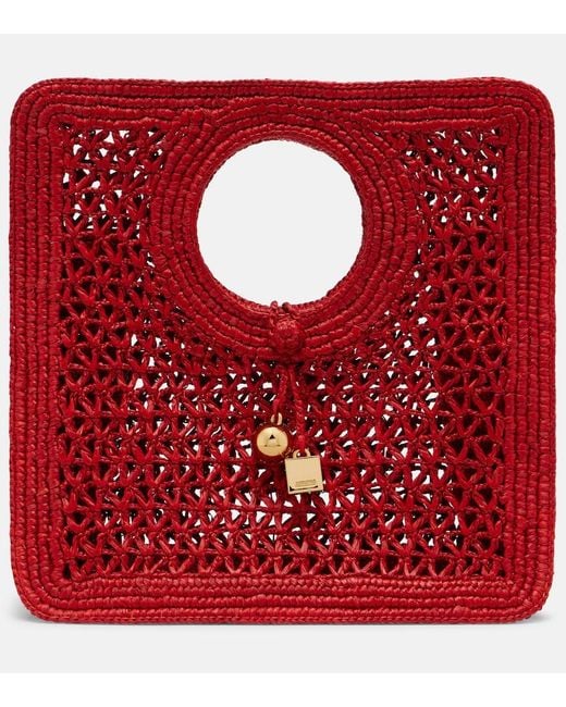 Jacquemus Red Spiaggia Small Raffia Top-Handle Bag