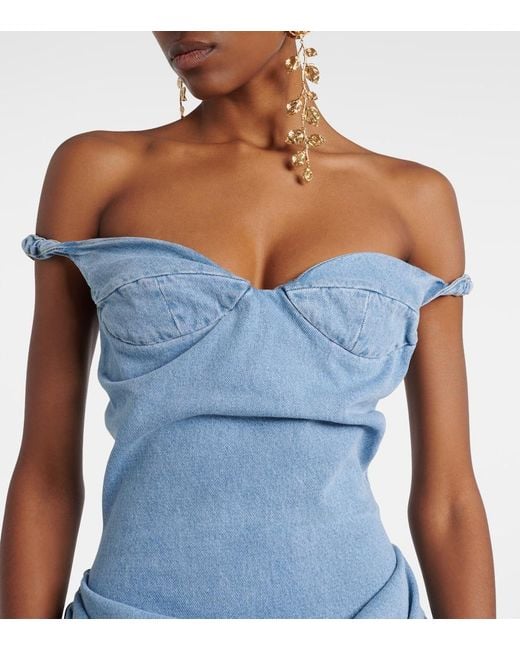 Magda Butrym Blue Gathered Off-Shoulder Denim Minidress