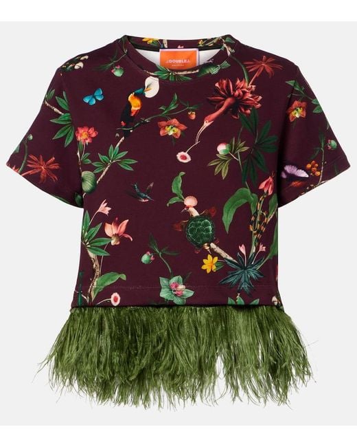 LaDoubleJ Red La Scala Feather-Trimmed Printed Cotton T-Shirt