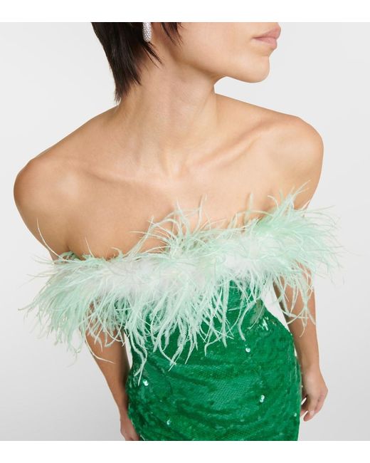 Self-Portrait Green Feather-Trimmed Sequined Midi Dress