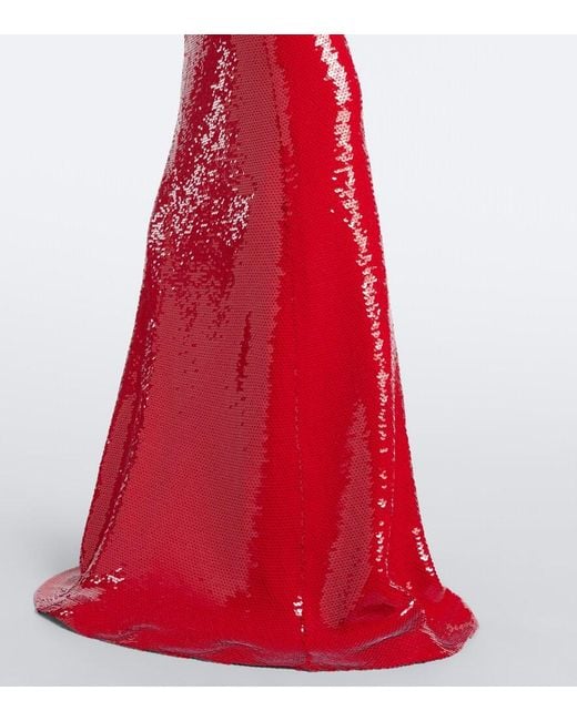 David Koma Red Sequined One-Shoulder Gown