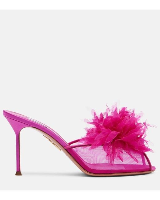 Aquazzura Pink Poeme Floral-Applique Mesh Mules