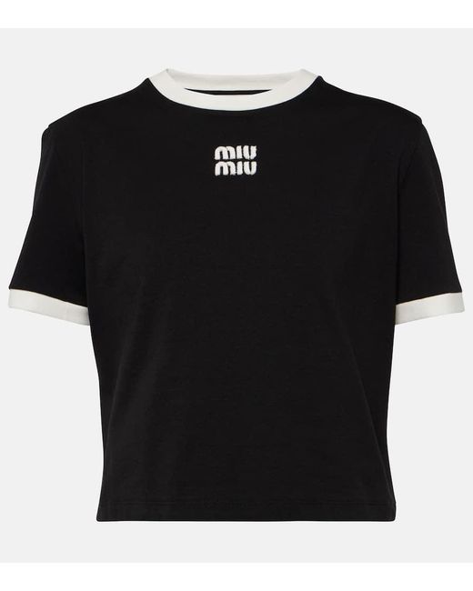 T-shirt in jersey di cotone con logo di Miu Miu in Black