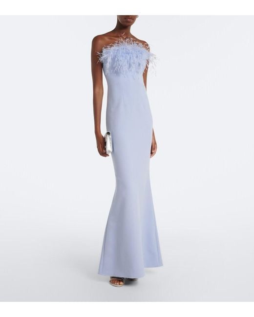 Safiyaa Blue Soshin Feather-Trimmed Crepe Gown