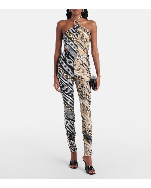 Area Metallic Printed Embellished Halter-Neck Crop Top