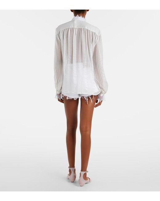 Chloé White Gathered Lace-Trimmed Silk Blouse