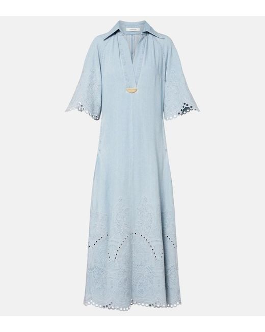 Zimmermann Blue Daylight Embroidered Denim Midi Dress
