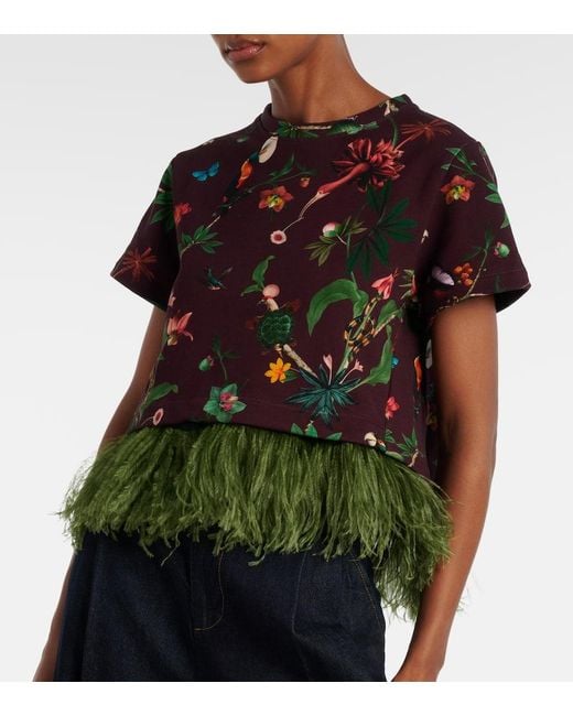 LaDoubleJ Red La Scala Feather-Trimmed Printed Cotton T-Shirt