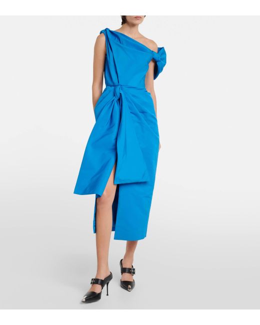Alexander McQueen Blue One-shoulder Asymmetric Knotted Faille Midi Dress