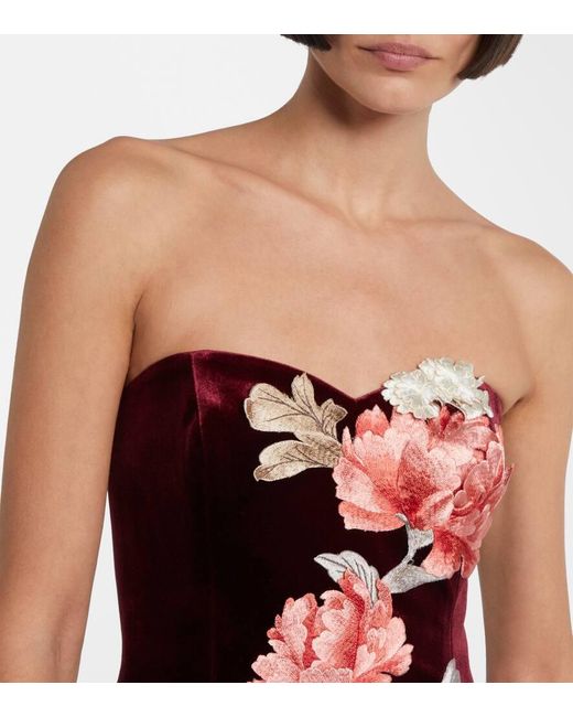 LEO LIN Red Rosario Floral-Applique Velvet Minidress